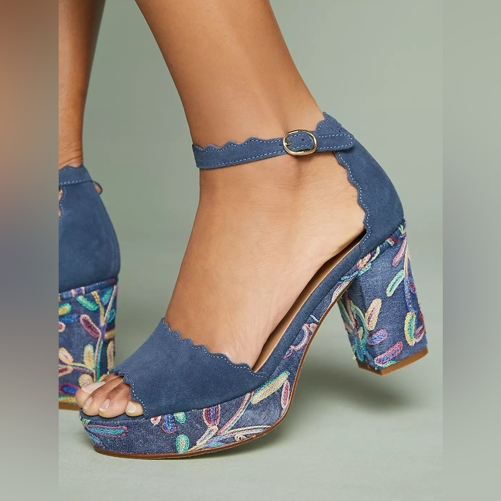 Anthropologie Blue Suede Scalloped Ankle-Strap Heels with Embroidered Block Heel